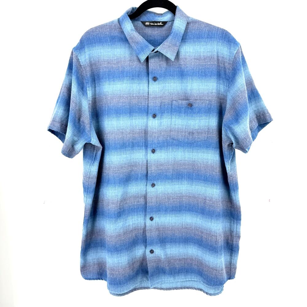 Travis Mathew Blue Stripe Button Front Shirt Mens Sz XL Short Sleeve Casual